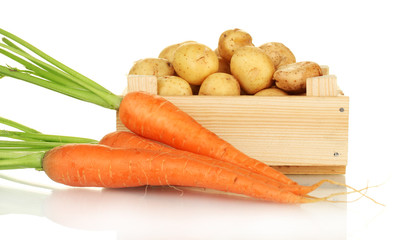 young potatoes in a wooden box with carrots