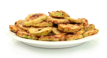 Fried zucchini in a white plate isolated on white