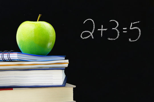 Addition Equation Written On A Blackboard, Books And Apple