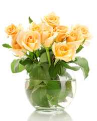 beautiful bouquet of roses in transparent vase isolated on