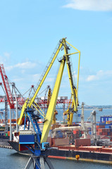 Fototapeta na wymiar Container stack and ship under crane bridge