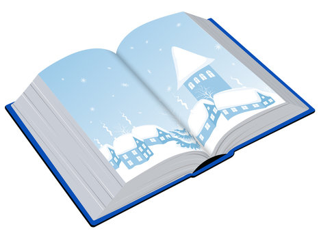 Open book with an illustration of the winter