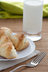 Puff pastry on the plate  and glass with fresh milk