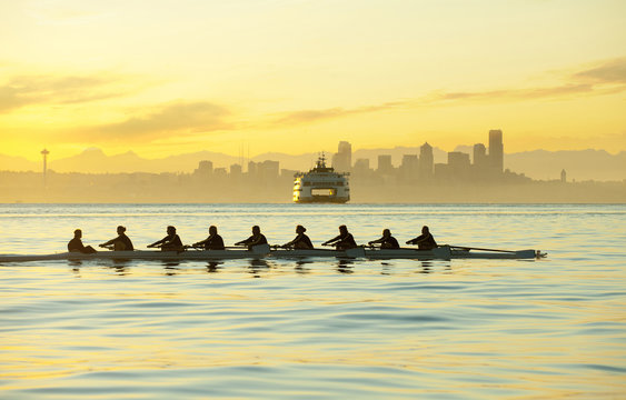 Team rowing boat in bay