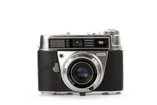 Old rangefinder vintage camera on white background