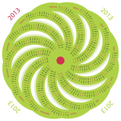2013 calendar round shaped pinwheel green on white background