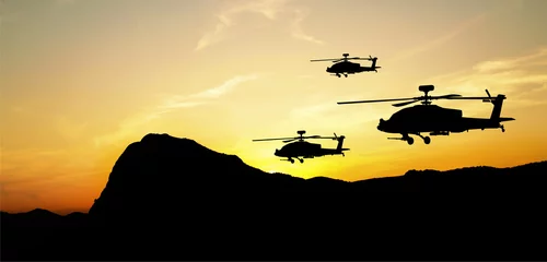 Foto op Plexiglas Soldaten Helikoptersilhouetten op zonsondergangachtergrond