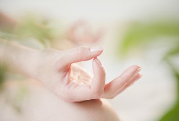 Close up of Korean woman's hands making yoga gesture