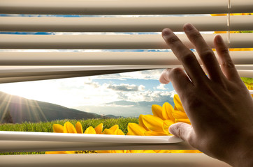 Hand opening window blinds with beautiful landscape view