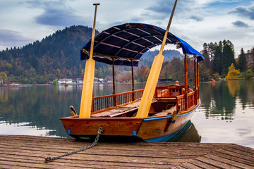 A pletna, traditional Slovenia boat, on Lake Bled