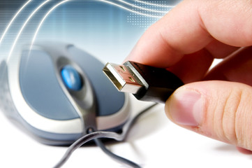 mouse, hand and high tech background