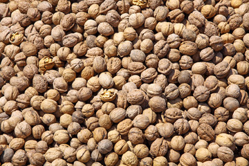 Heap of walnuts on a market stall in Turkey