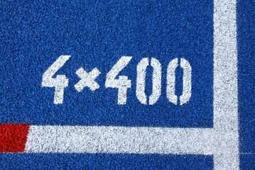 Painted marks at the starting grid of relay 4x400 race track