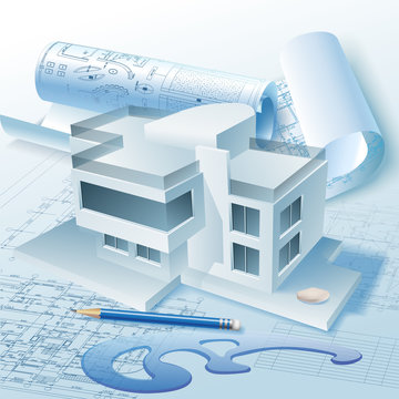 Architectural background with a 3D building model