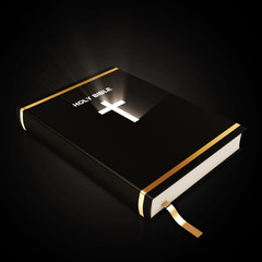 Holy Bible isolated on black background with glowing rays