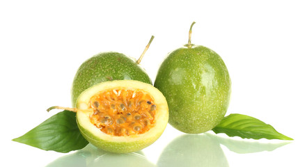 green passion fruit isolated on white background close-up