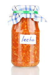 Jar with canned lecho isolated on white
