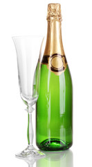 Bottle of champagne and goblet isolated on white