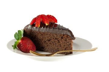 Slice chocolate cake with strawberries isolated on white