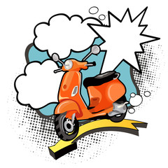 Vintage poster with orange scooter and bubbles.