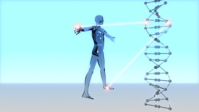 Stylized visualization of dna code being read to form a human.