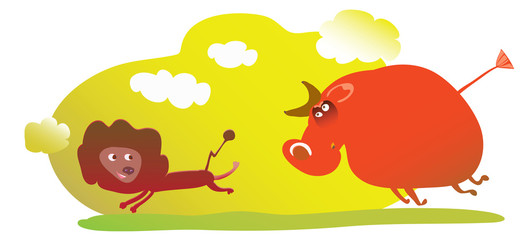 lion running from angry bull