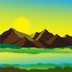 Mountain and sun, calming landscape vector image,