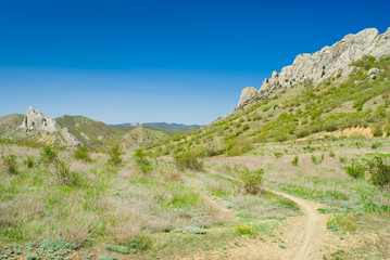 Foot of Taraktash range in Crimean mountains at early spring.