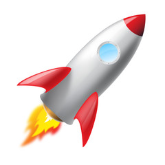 Flying metal rocket isoated, vector icon, 3D