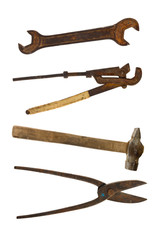 Collection of old tools of the wrench, hammer, scissors for meta
