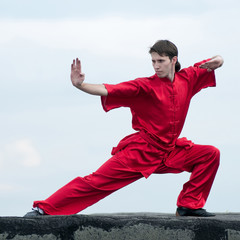Wushoo man in red practice martial art