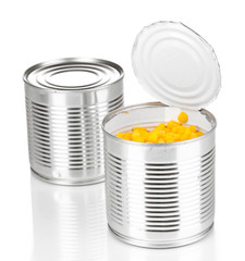 Open tin can of corn and closed can isolated on white