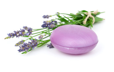 Obraz na płótnie Canvas Lavender soap and lavender flower, isolated on white background