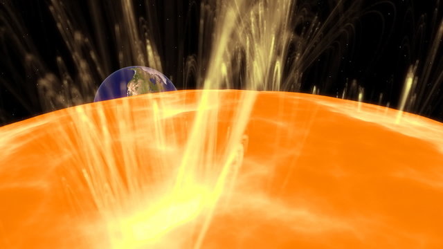 A solar flare on the surface of the sun.