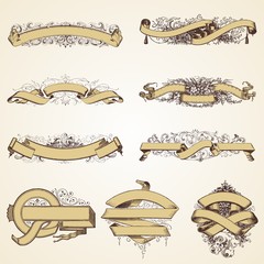 Vintage decorative banners, corners, ribbons, parchments floral