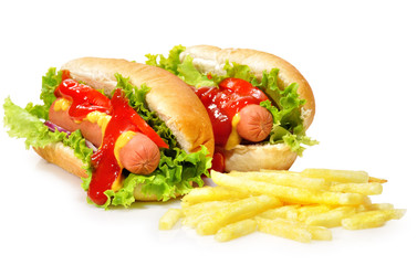 Menú de perritos calientes y patatas.