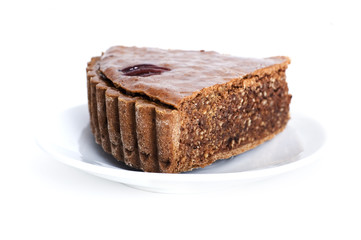 piece of chocolate cake with nuts
