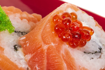 Japanese sushi traditional japanese food.Roll made of salmon, re