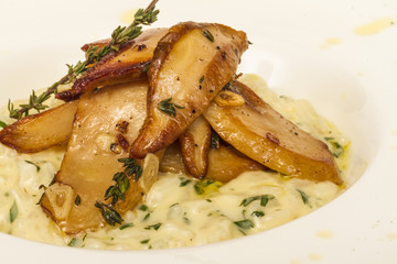 photo of delicious risotto dish with herbs and mushrooms on whit