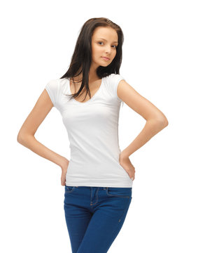 teenage girl in blank white t-shirt