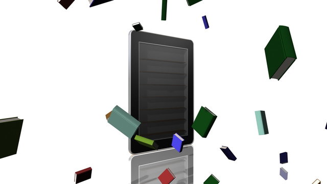 A tablet style computer filling up with books.