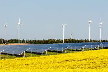 Windkrafträder und Solarmodule in einem Rapsfeld