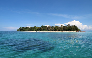 Fototapeta premium Pristine tropical island with lush vegetation and boat tour landed on the beach, Caribbean sea, Panama, Central America