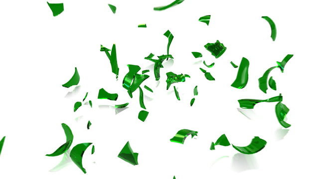 Beer bottle hitting a white floor and smashing into pieces.