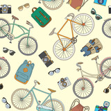 Seamless pattern with bicycles and accsessories