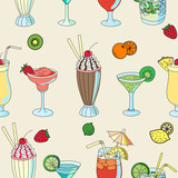 Seamless pattern with cute cocktails and fruits