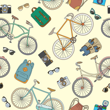 Seamless pattern with bicycles and accsessories