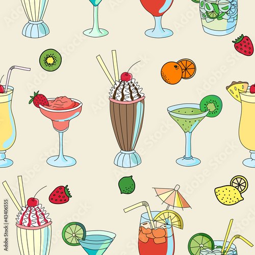 Seamless pattern with cute cocktails and fruits