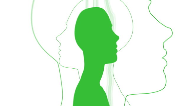 A silhouette of a head with outlines rotating around it. Loops.