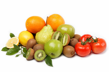 Fresh fruits and vegetables isolated on a white background.